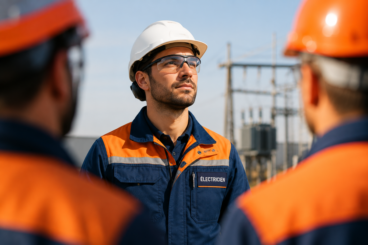 Électriciens regardant l'horizon
